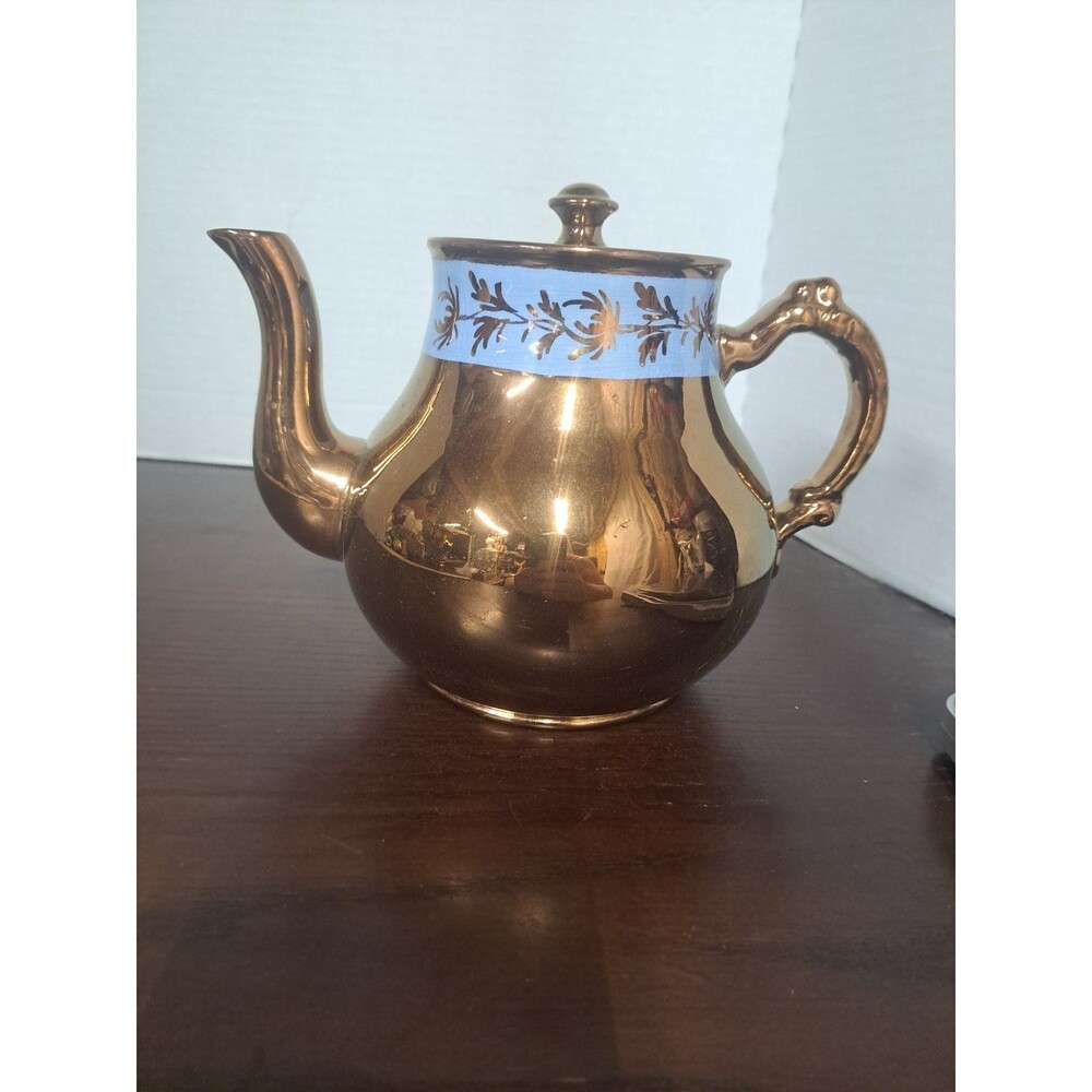 1950s Gibsons Blue Band Copper Luster Earthenware Teapot Made In England